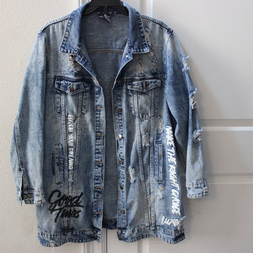 American Bazi Denim Jacket Distressed Dark Wash Womens Size 1 X Boutique
